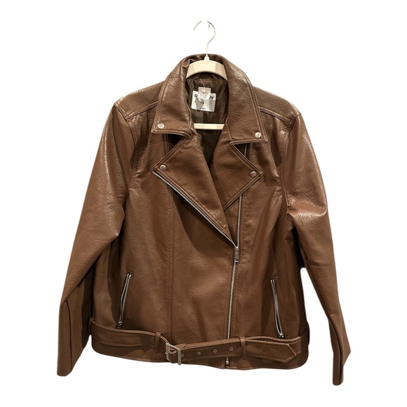 Old Navy Espresso Faux Leather Belted Biker Jacket XL - Picture 3 of 13